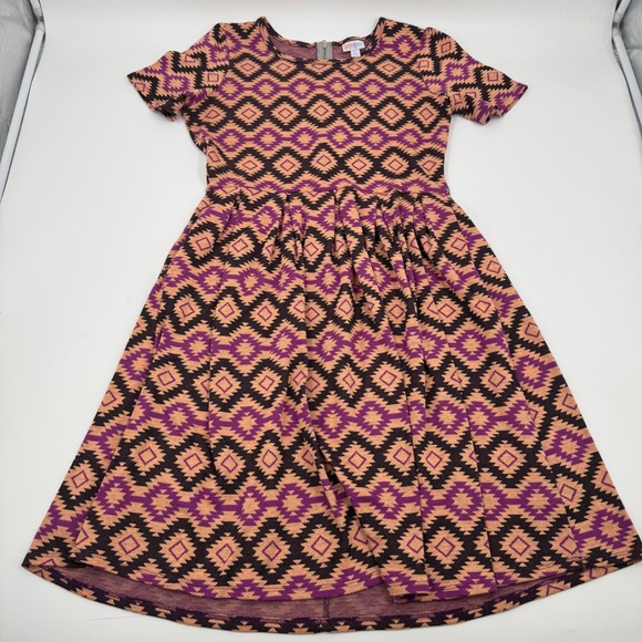 LuLaRoe Women's XL Purple Peach Black Geometric‎ Print Fit & Flare Dress - Picture 1 of 14